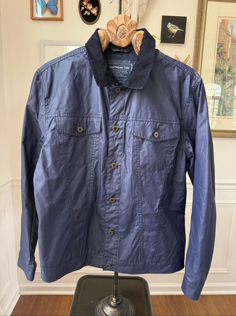 Southern Tide Mens Waxed Lightweight Field Jacket Blue Corduroy Collar M
